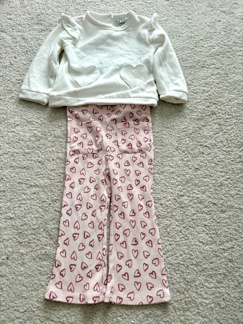 Two-Piece Heart Matching Set - White Top & Pink Heart Flare Pants 18 Months